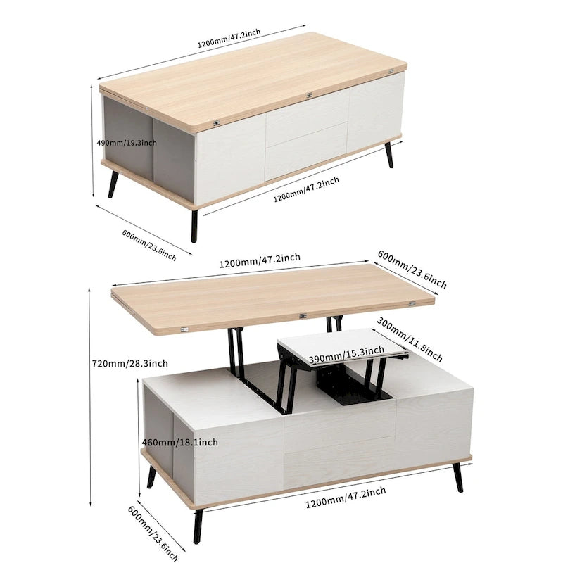Ensemble de 5 pièces comprenant une table basse relevable avec rangement et une table à manger convertible.