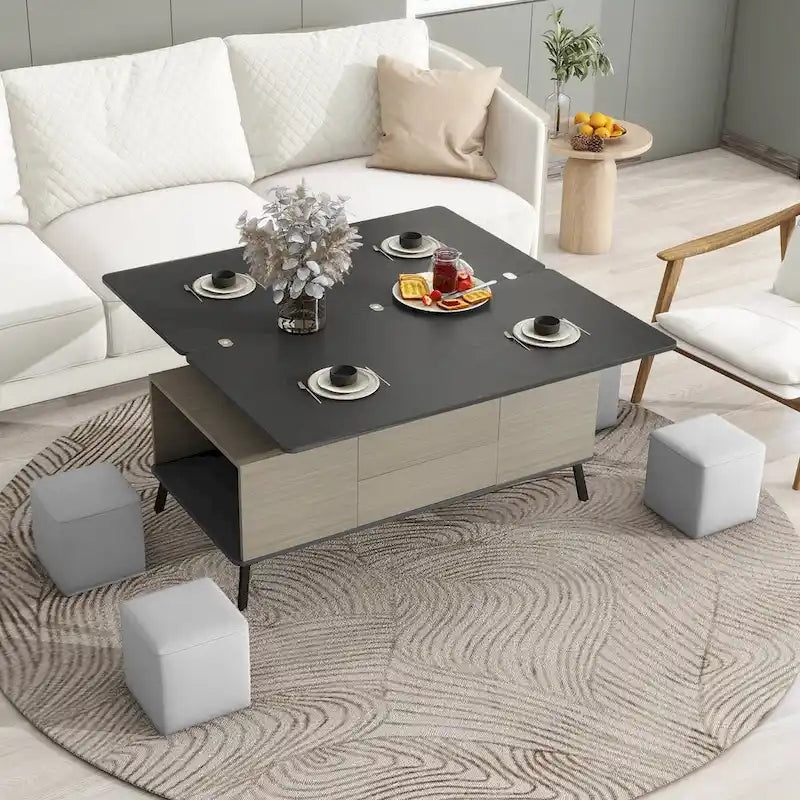 Ensemble de 5 pièces comprenant une table basse relevable avec rangement et une table à manger convertible.
