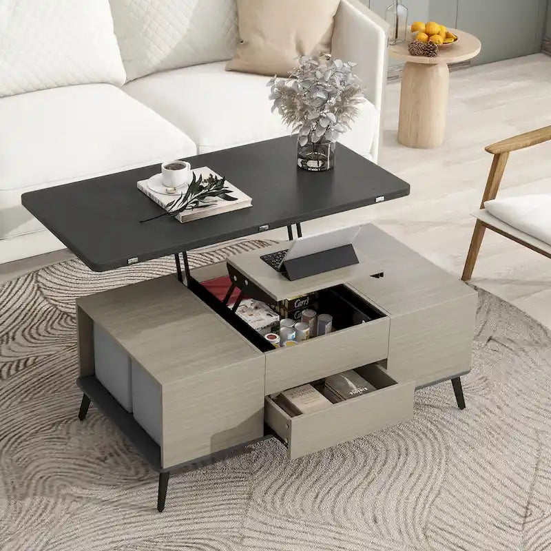 Ensemble de 5 pièces comprenant une table basse relevable avec rangement et une table à manger convertible.