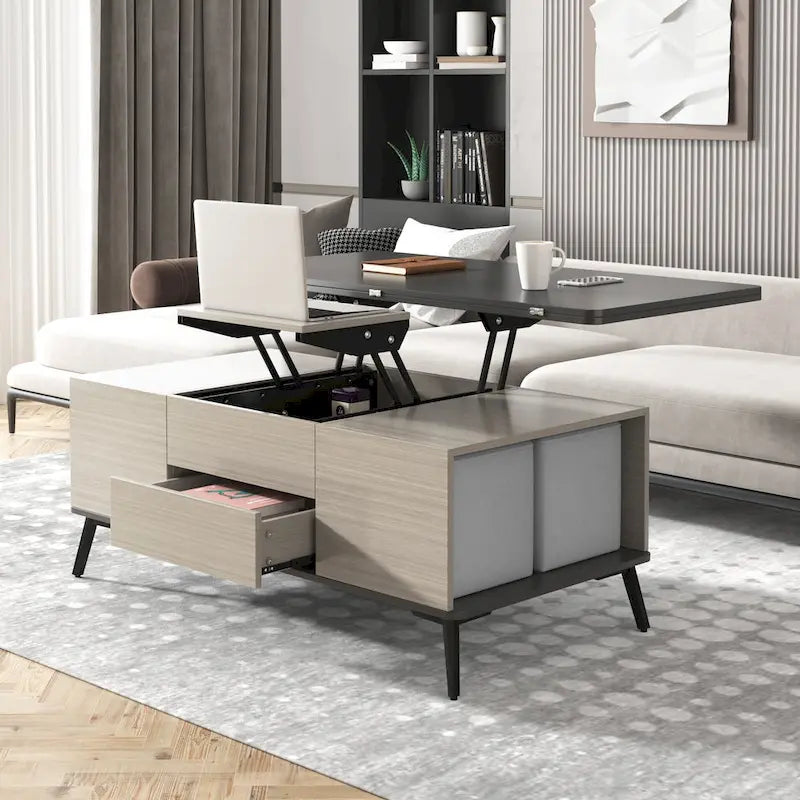Ensemble de 5 pièces comprenant une table basse relevable avec rangement et une table à manger convertible.