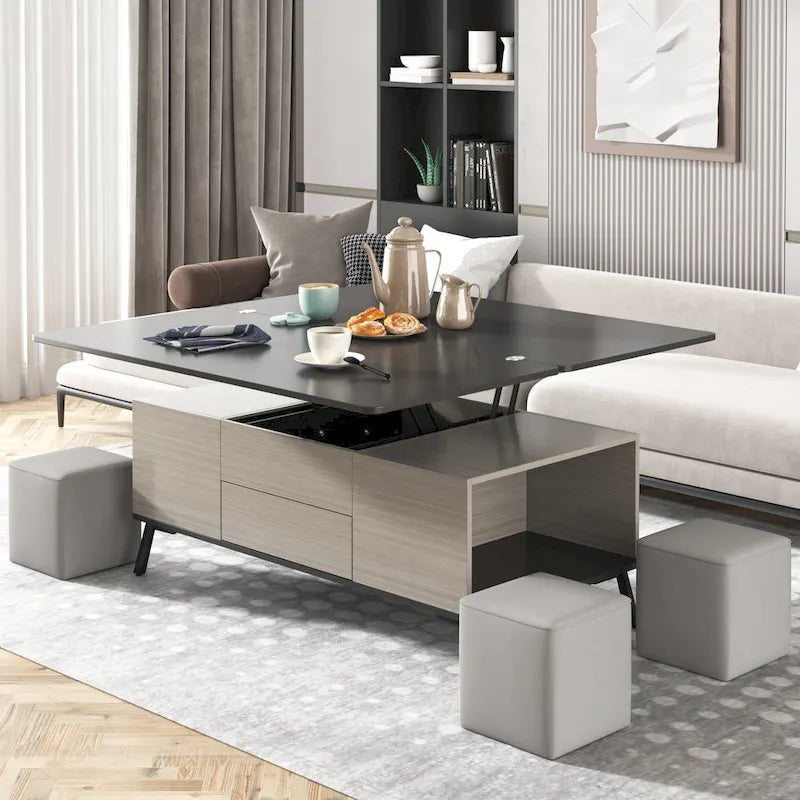 Ensemble de 5 pièces comprenant une table basse relevable avec rangement et une table à manger convertible.