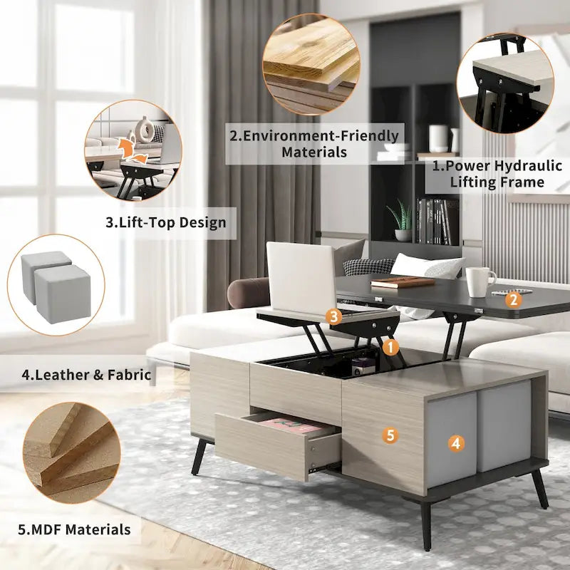 Ensemble de 5 pièces comprenant une table basse relevable avec rangement et une table à manger convertible.