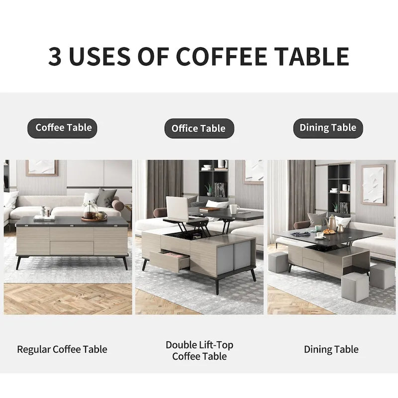Ensemble de 5 pièces comprenant une table basse relevable avec rangement et une table à manger convertible.