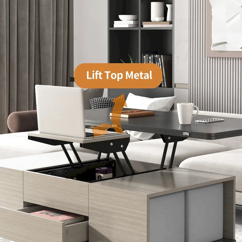 Ensemble de 5 pièces comprenant une table basse relevable avec rangement et une table à manger convertible.