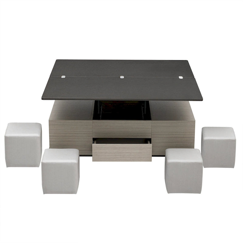 Ensemble de 5 pièces comprenant une table basse relevable avec rangement et une table à manger convertible.