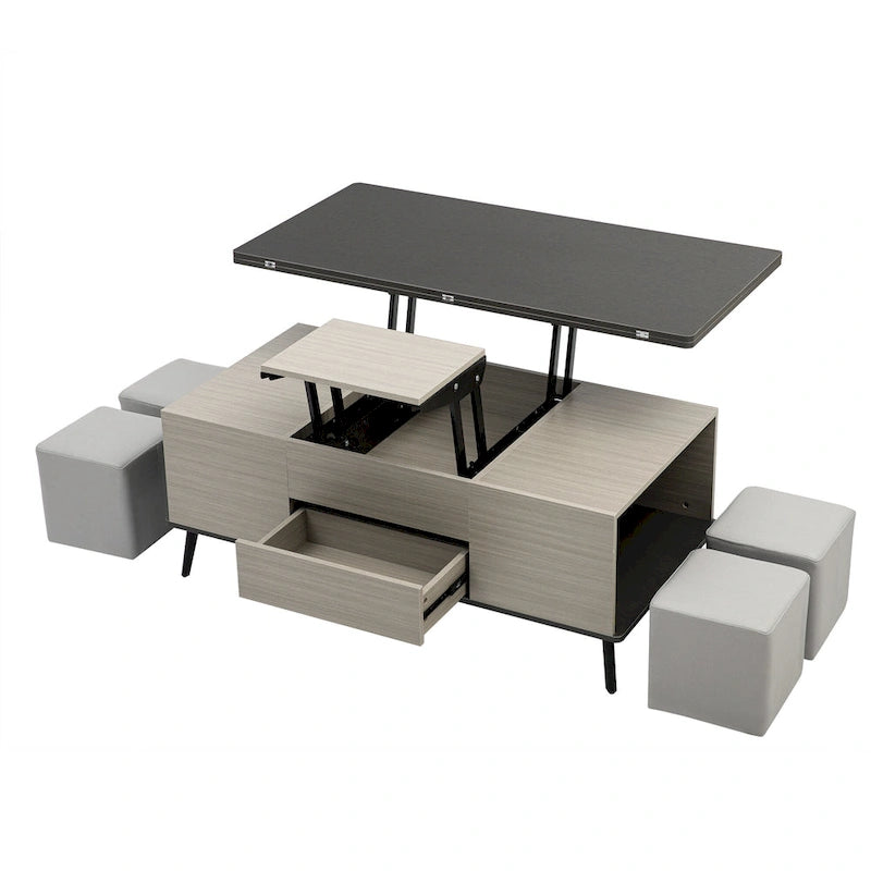 Ensemble de 5 pièces comprenant une table basse relevable avec rangement et une table à manger convertible.