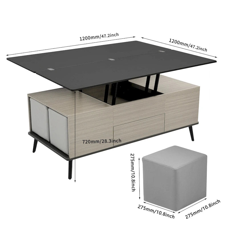 Ensemble de 5 pièces comprenant une table basse relevable avec rangement et une table à manger convertible.