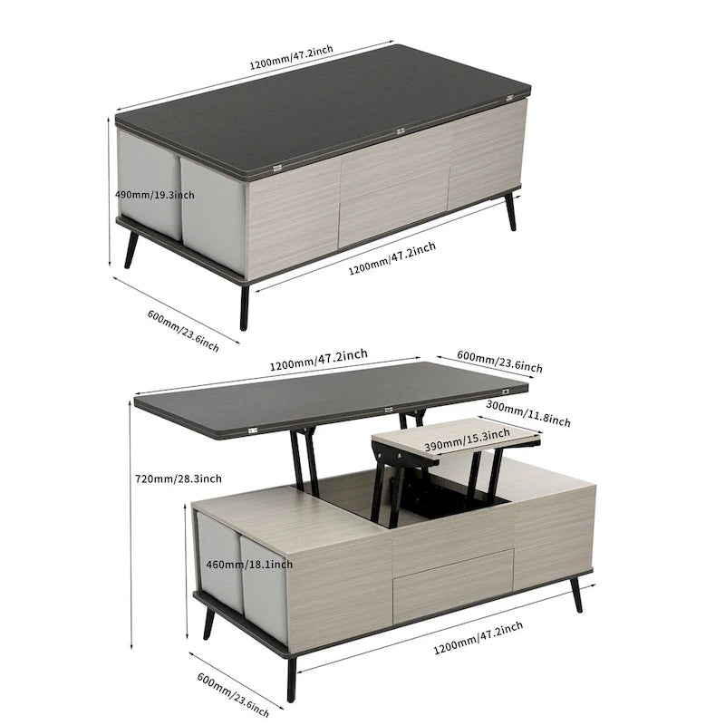 Ensemble de 5 pièces comprenant une table basse relevable avec rangement et une table à manger convertible.