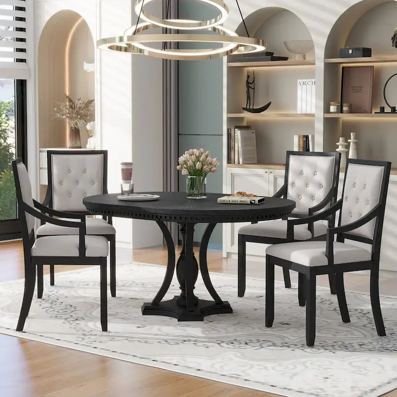 Ensemble de salle à manger 5 pièces comprenant une table ronde extensible et 4 chaises rembourrées pour cuisine et salle à manger