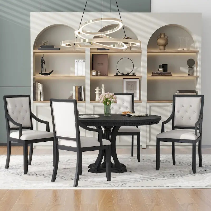 Ensemble de salle à manger 5 pièces comprenant une table ronde extensible et 4 chaises rembourrées pour cuisine et salle à manger