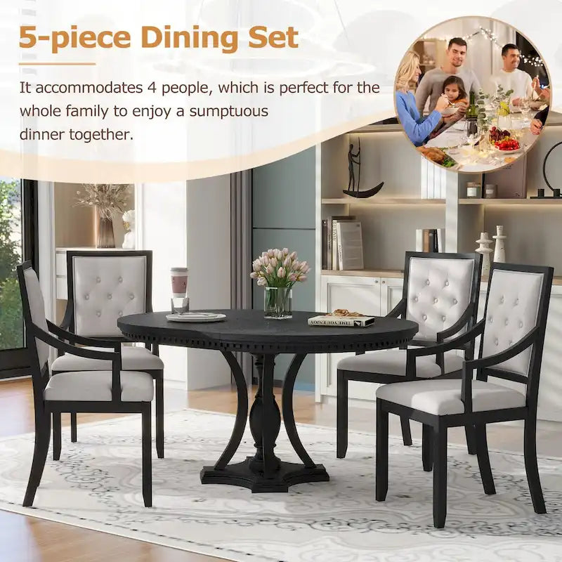 Ensemble de salle à manger 5 pièces comprenant une table ronde extensible et 4 chaises rembourrées pour cuisine et salle à manger