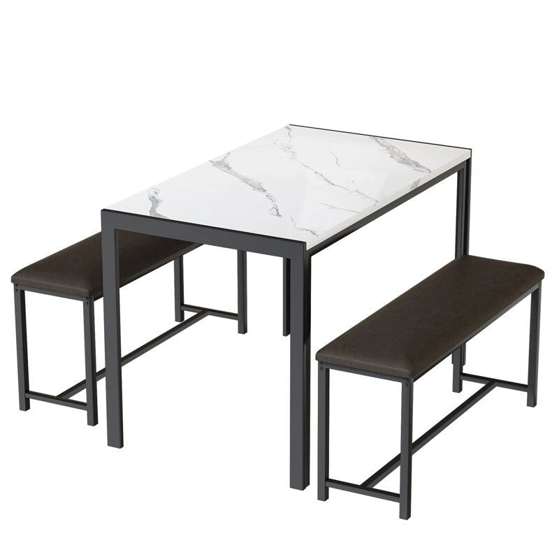 Ensemble de salle à manger 3 pièces en faux marbre, comprenant une table et deux bancs en similicuir pour la salle à manger ou le coin repas.