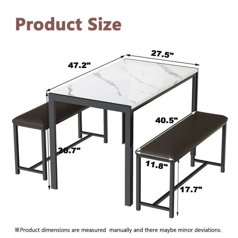 Ensemble de salle à manger 3 pièces en faux marbre, comprenant une table et deux bancs en similicuir pour la salle à manger ou le coin repas.