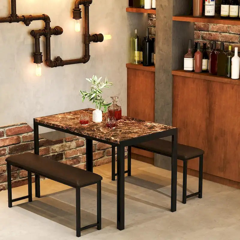 Ensemble de salle à manger 3 pièces en faux marbre, comprenant une table et deux bancs en similicuir pour la salle à manger ou le coin repas.