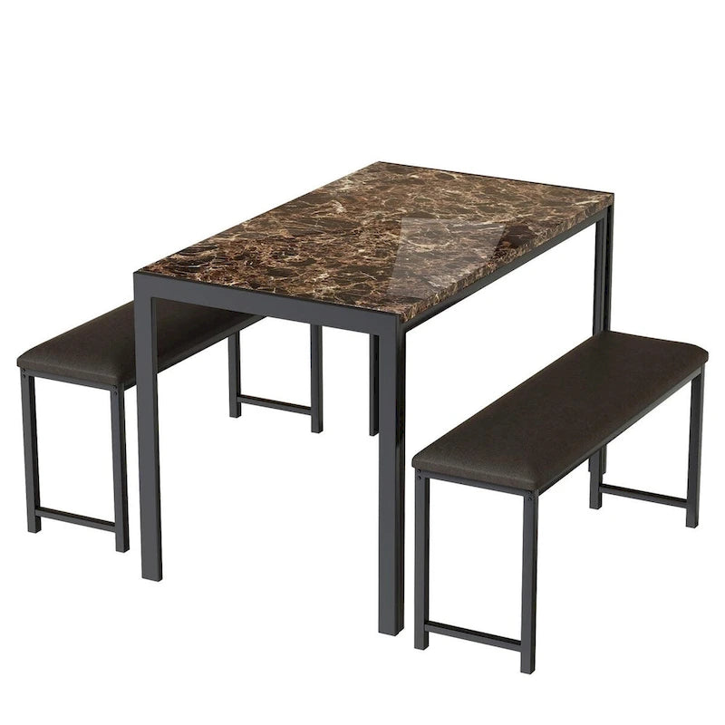 Ensemble de salle à manger 3 pièces en faux marbre, comprenant une table et deux bancs en similicuir pour la salle à manger ou le coin repas.