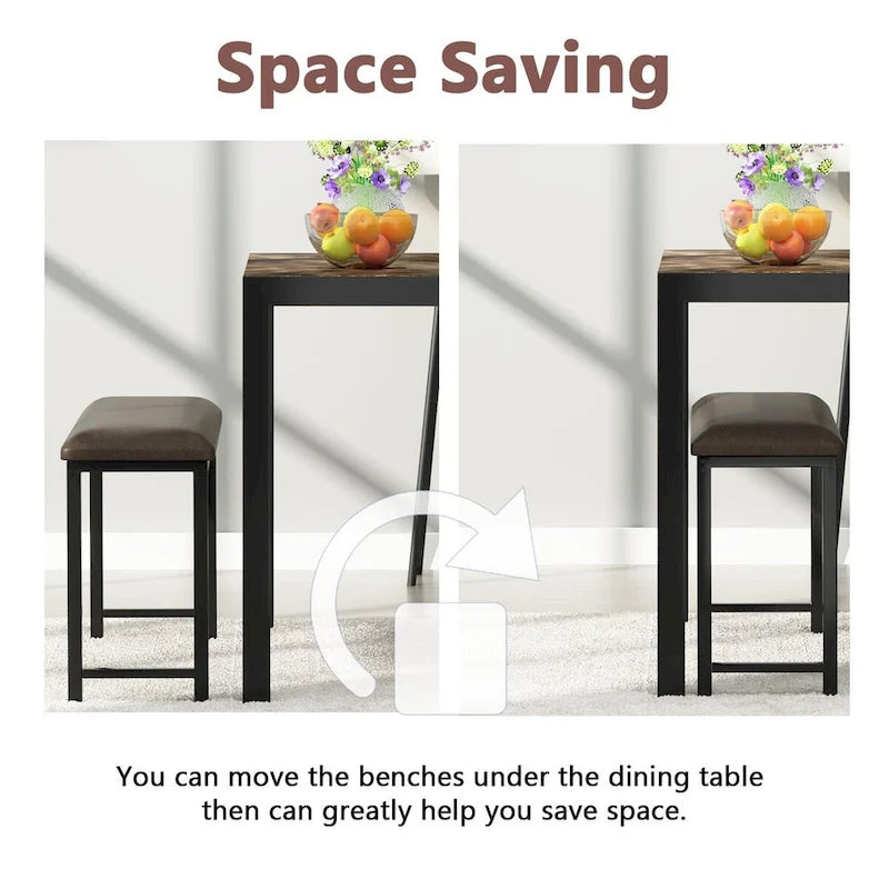 Ensemble de salle à manger 3 pièces en faux marbre, comprenant une table et deux bancs en similicuir pour la salle à manger ou le coin repas.