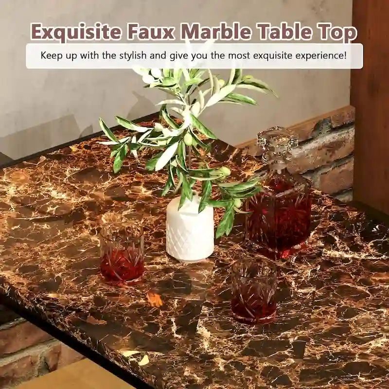 Ensemble de salle à manger 3 pièces en faux marbre, comprenant une table et deux bancs en similicuir pour la salle à manger ou le coin repas.
