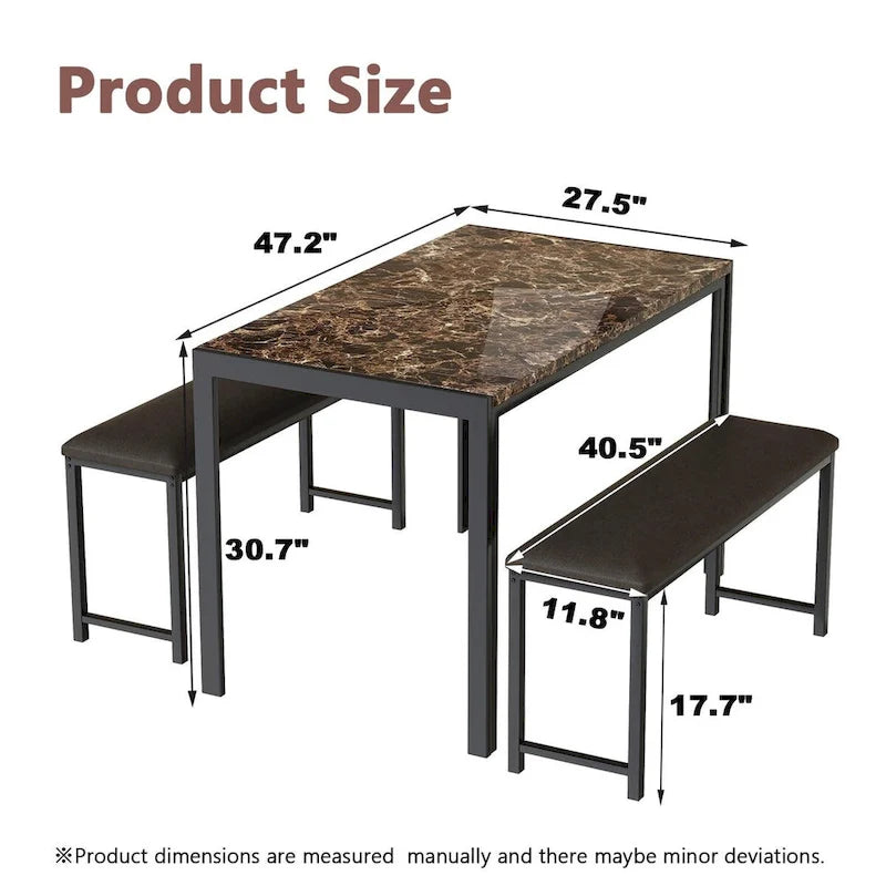 Ensemble de salle à manger 3 pièces en faux marbre, comprenant une table et deux bancs en similicuir pour la salle à manger ou le coin repas.