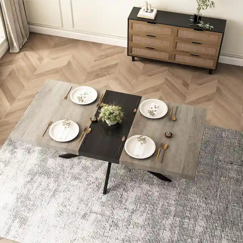 Table de salle à manger rectangulaire rétro extensible avec piètement en croix en fer