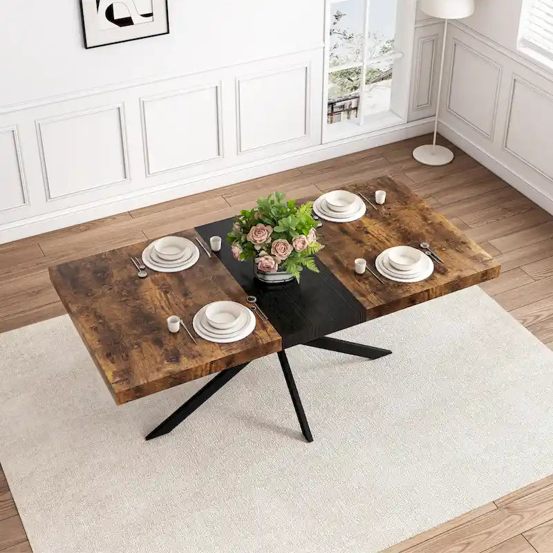 Table de salle à manger rectangulaire rétro extensible avec piètement en croix en fer
