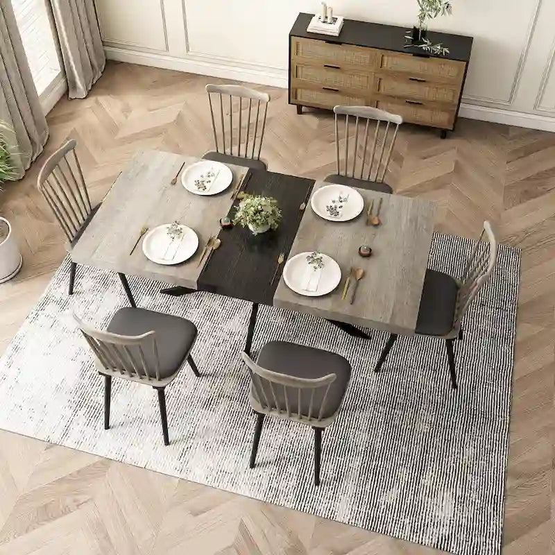 Table de salle à manger rectangulaire rétro extensible avec piètement en croix en fer