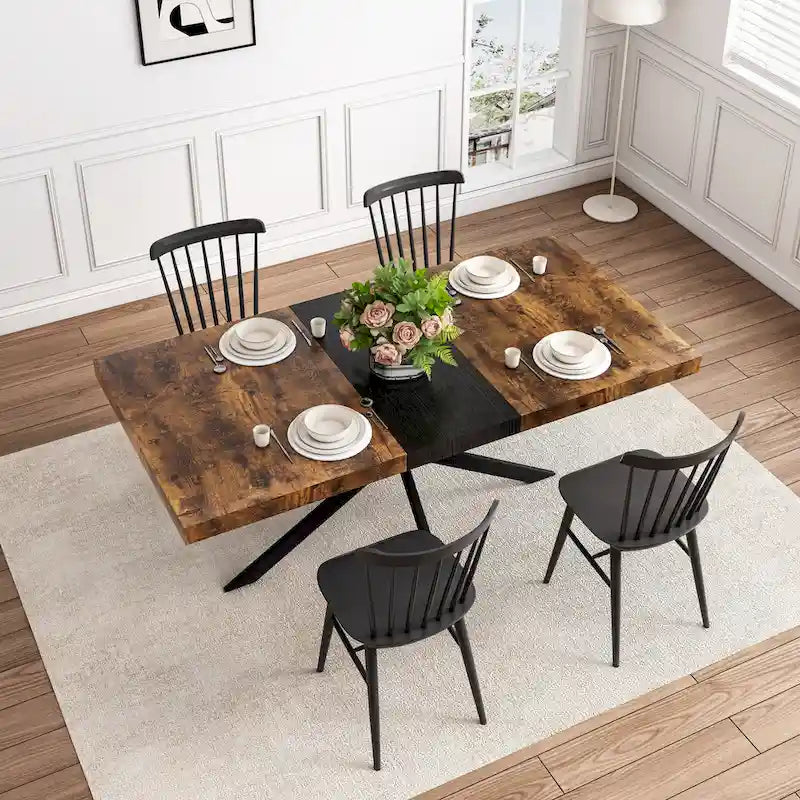 Table de salle à manger rectangulaire rétro extensible avec piètement en croix en fer