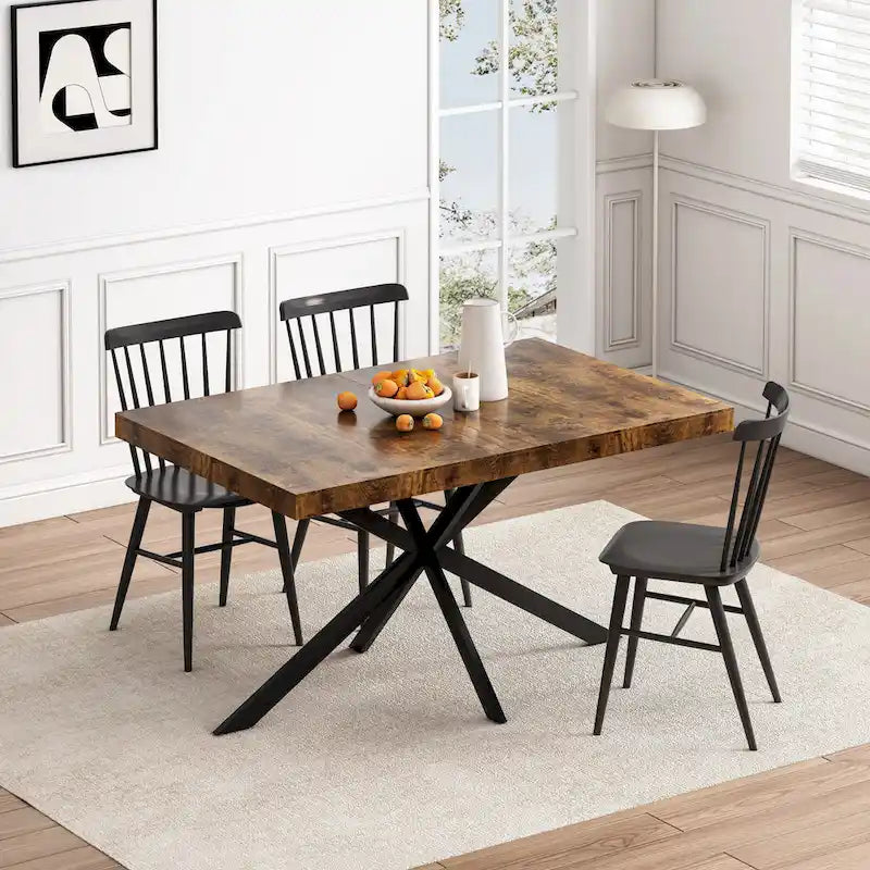 Table de salle à manger rectangulaire rétro extensible avec piètement en croix en fer