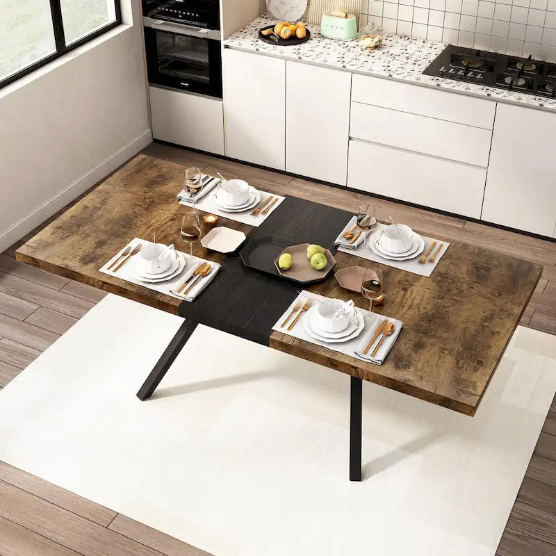 Table de salle à manger rectangulaire rétro extensible avec piètement en croix en fer