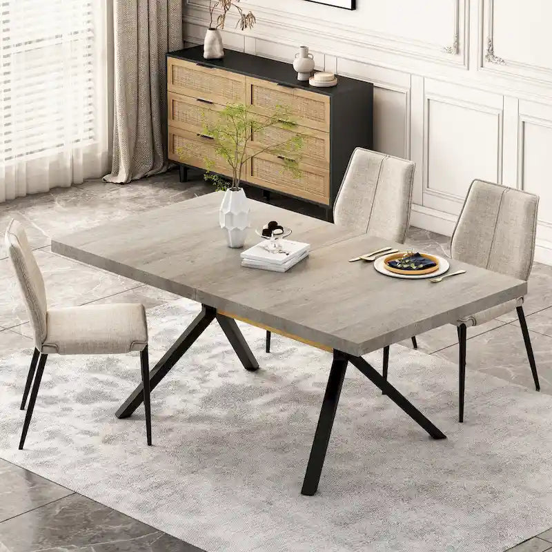 Table de salle à manger rectangulaire rétro extensible avec piètement en croix en fer