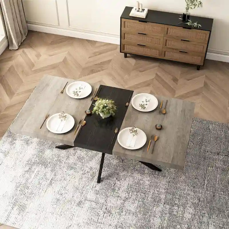 Table de salle à manger rectangulaire rétro extensible avec piètement en croix en fer