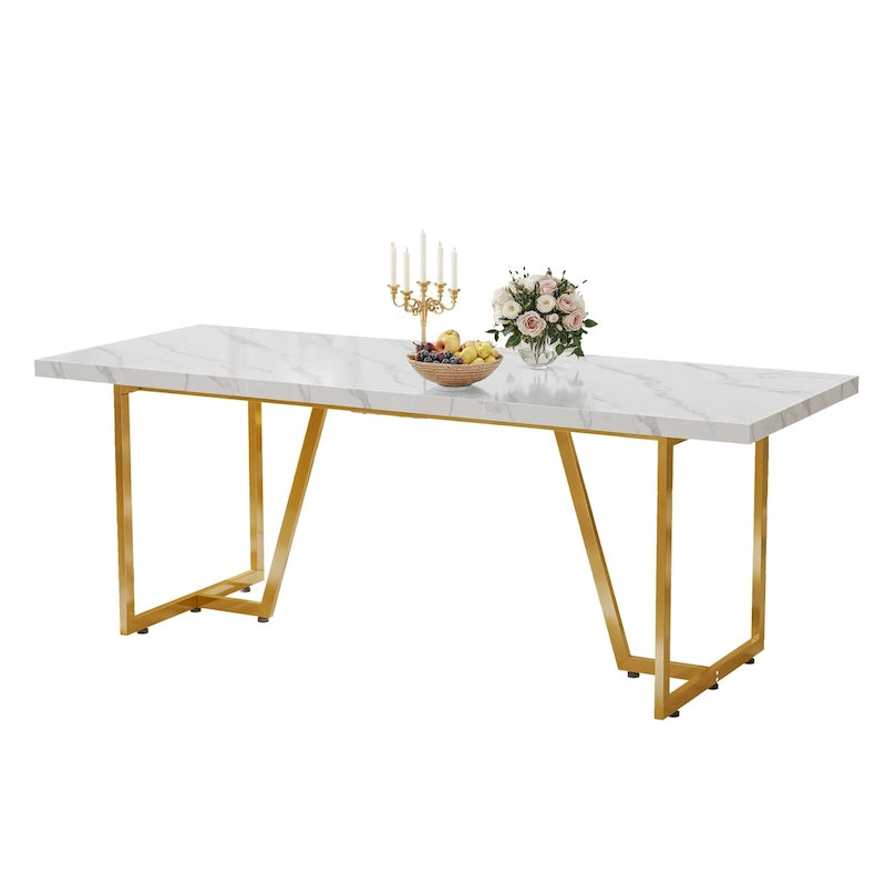 Table de salle à manger rectangulaire Moasis 82W en faux marbre, pour 8 à 10 personnes, avec pieds en métal.