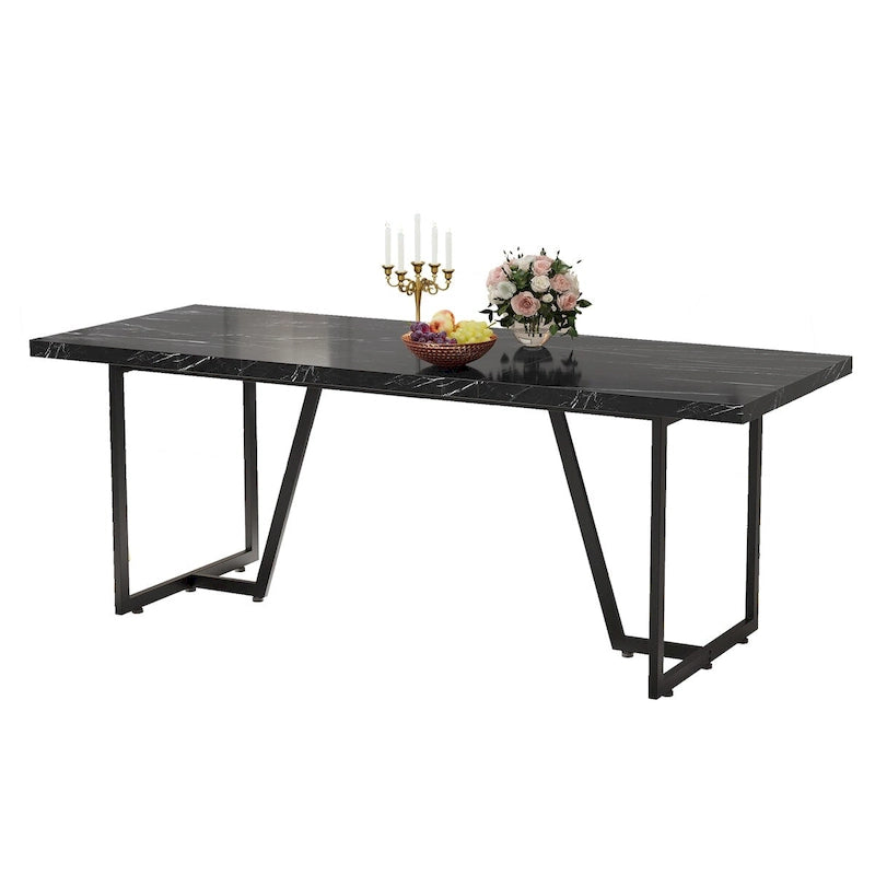 Table de salle à manger rectangulaire Moasis 82W en faux marbre, pour 8 à 10 personnes, avec pieds en métal.