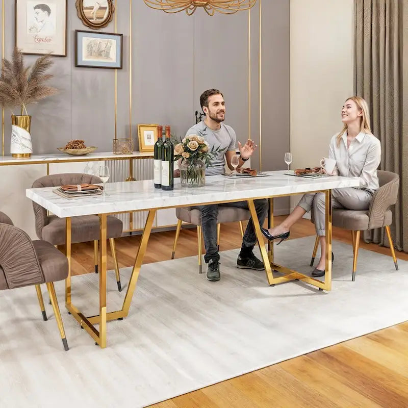 Moasis 82W Faux Marble Dining Table Rectangular Table for 8-10 People with Metal Legs