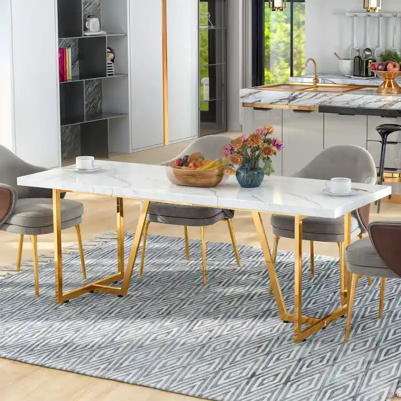 Table de salle à manger rectangulaire Moasis 82W en faux marbre, pour 8 à 10 personnes, avec pieds en métal.