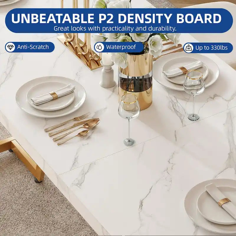 Table de salle à manger rectangulaire Moasis 82W en faux marbre, pour 8 à 10 personnes, avec pieds en métal.