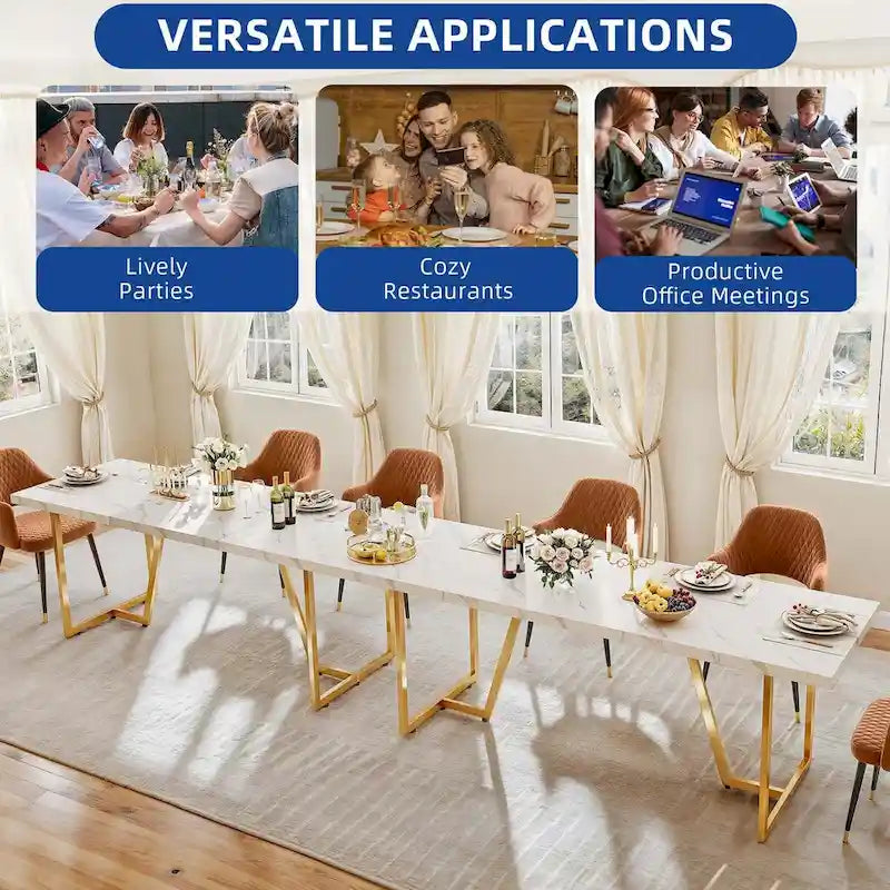 Table de salle à manger rectangulaire Moasis 82W en faux marbre, pour 8 à 10 personnes, avec pieds en métal.