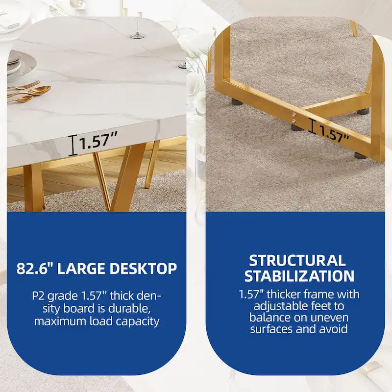 Table de salle à manger rectangulaire Moasis 82W en faux marbre, pour 8 à 10 personnes, avec pieds en métal.