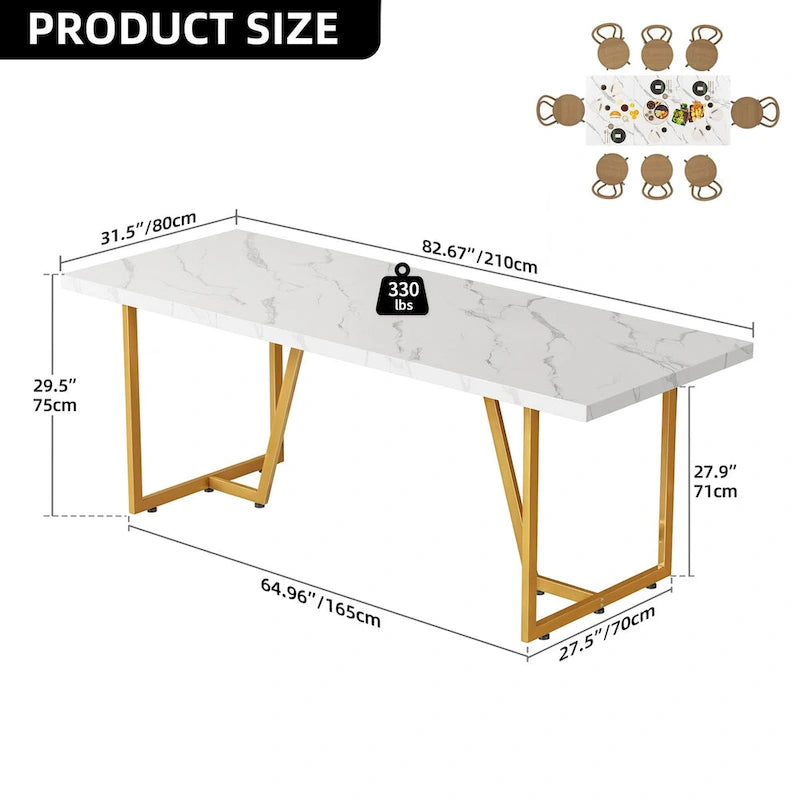 Table de salle à manger rectangulaire Moasis 82W en faux marbre, pour 8 à 10 personnes, avec pieds en métal.