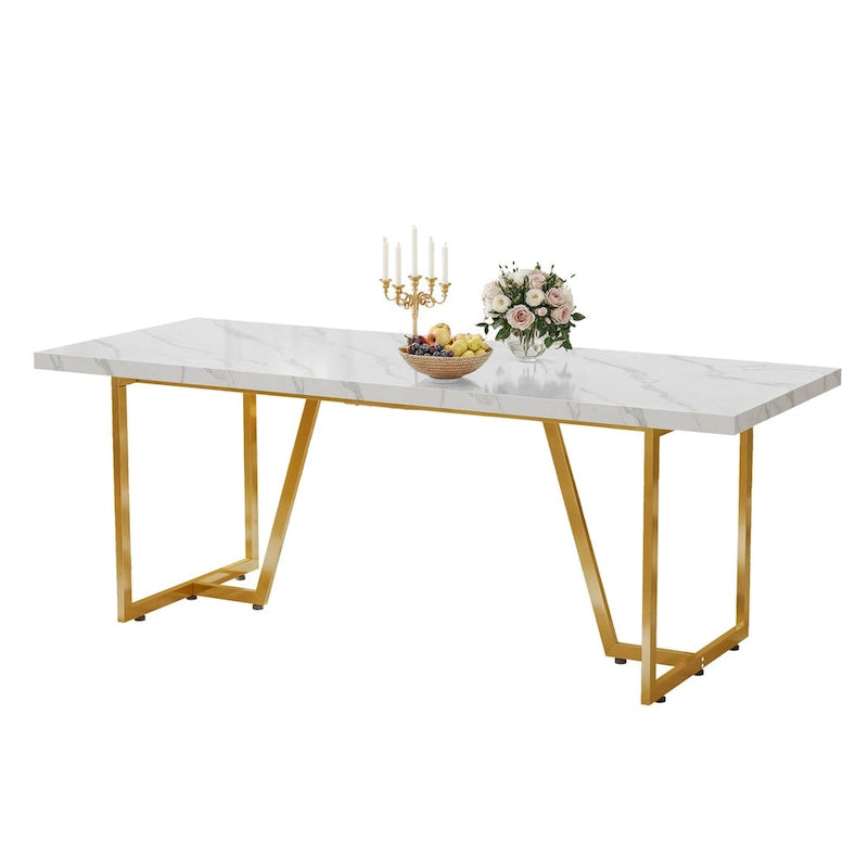 Table de salle à manger rectangulaire Moasis 82W en faux marbre, pour 8 à 10 personnes, avec pieds en métal.