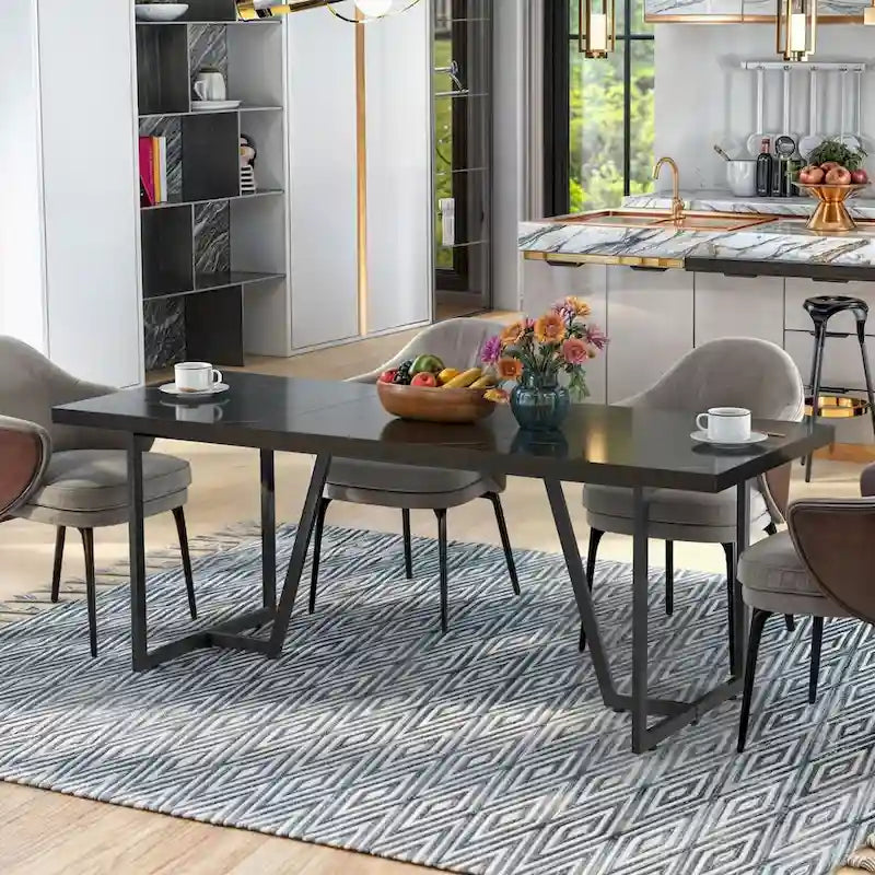 Table de salle à manger rectangulaire Moasis 82W en faux marbre, pour 8 à 10 personnes, avec pieds en métal.