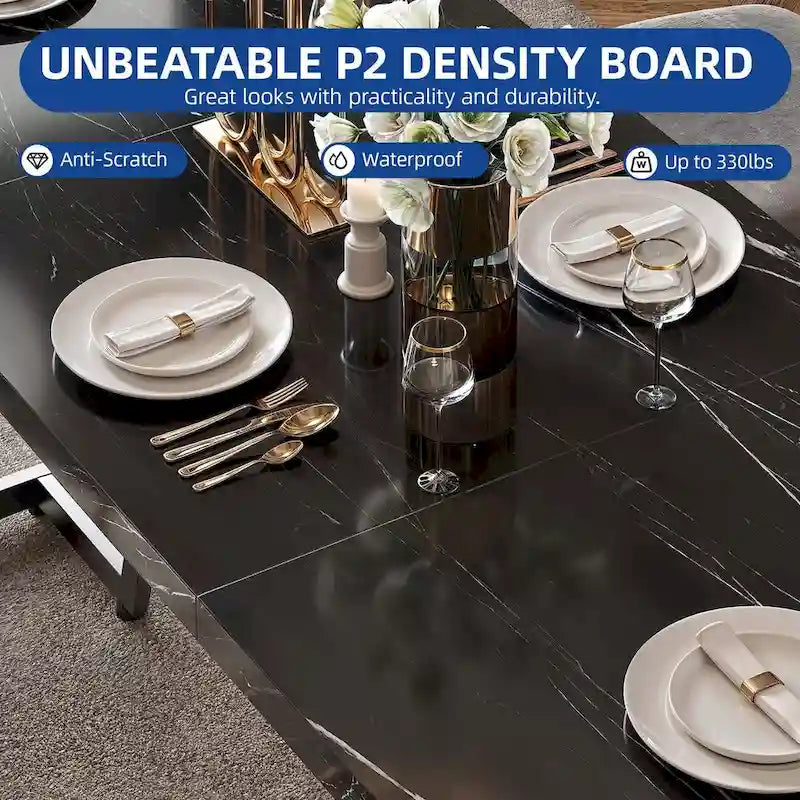 Table de salle à manger rectangulaire Moasis 82W en faux marbre, pour 8 à 10 personnes, avec pieds en métal.