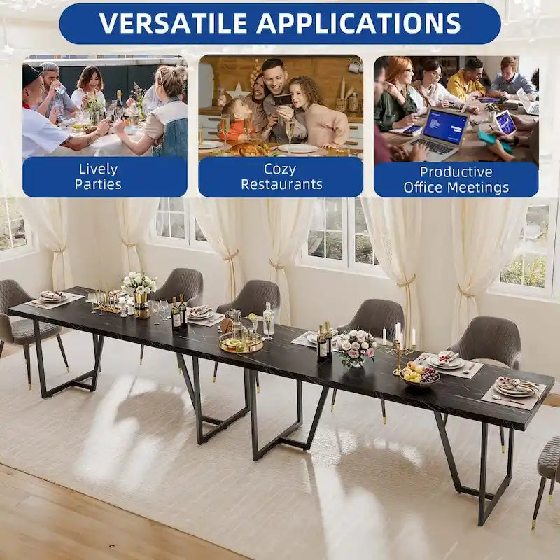 Table de salle à manger rectangulaire Moasis 82W en faux marbre, pour 8 à 10 personnes, avec pieds en métal.