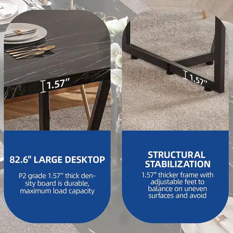 Table de salle à manger rectangulaire Moasis 82W en faux marbre, pour 8 à 10 personnes, avec pieds en métal.