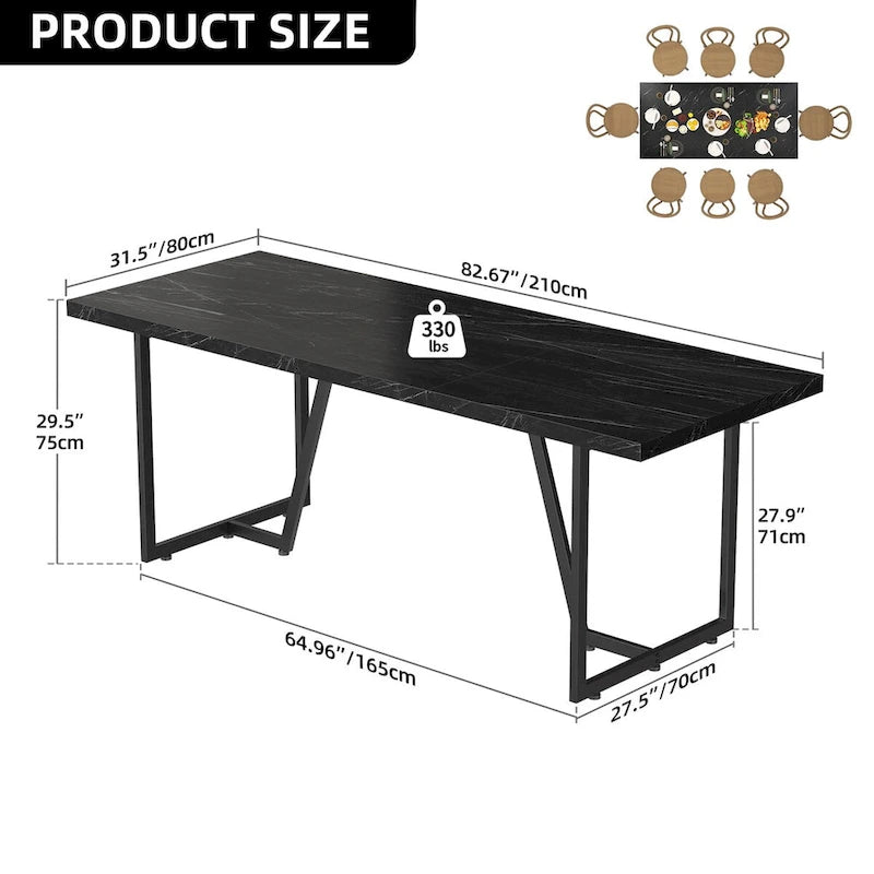 Table de salle à manger rectangulaire Moasis 82W en faux marbre, pour 8 à 10 personnes, avec pieds en métal.