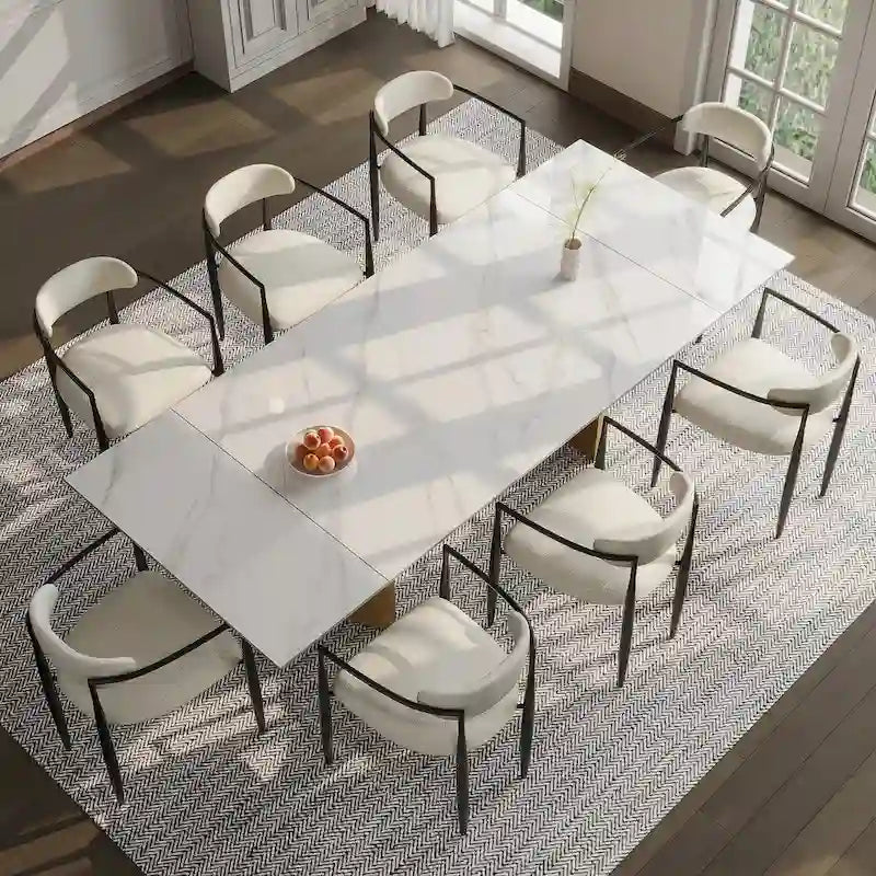 Ensemble de salle à manger moderne et minimaliste 9 pièces avec plateau en pierre frittée extensible et double piétement de 94,48 pouces