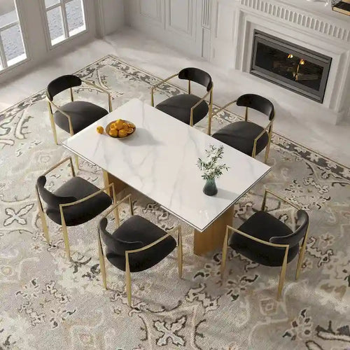 Ensemble de salle à manger moderne et minimaliste 9 pièces avec plateau en pierre frittée extensible et double piétement de 94,48 pouces