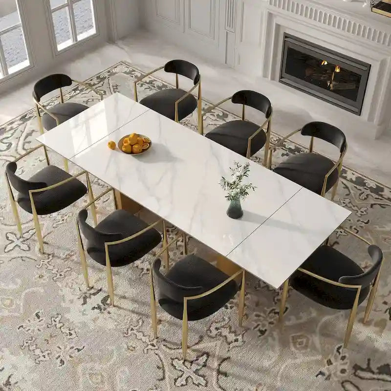 Ensemble de salle à manger moderne et minimaliste 9 pièces avec plateau en pierre frittée extensible et double piétement de 94,48 pouces