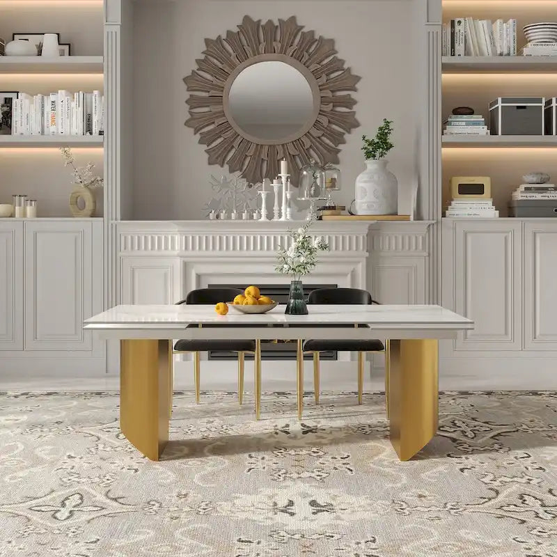 Ensemble de salle à manger moderne et minimaliste 9 pièces avec plateau en pierre frittée extensible et double piétement de 94,48 pouces