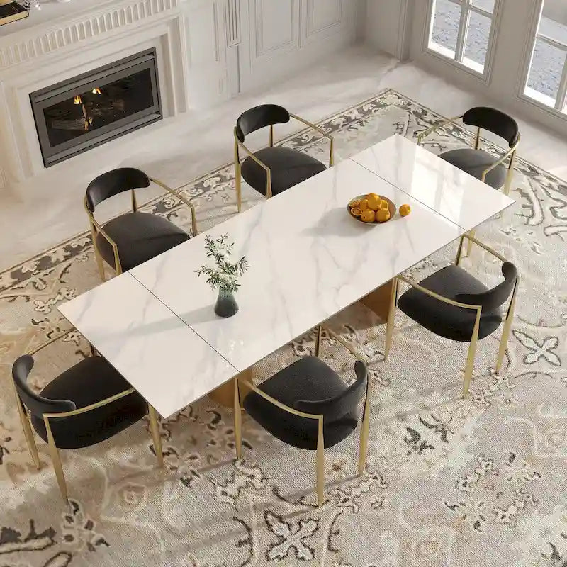 Ensemble de salle à manger moderne et minimaliste 9 pièces avec plateau en pierre frittée extensible et double piétement de 94,48 pouces
