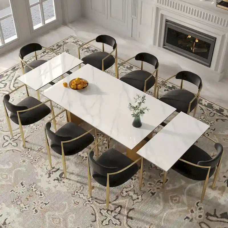 Ensemble de salle à manger moderne et minimaliste 9 pièces avec plateau en pierre frittée extensible et double piétement de 94,48 pouces
